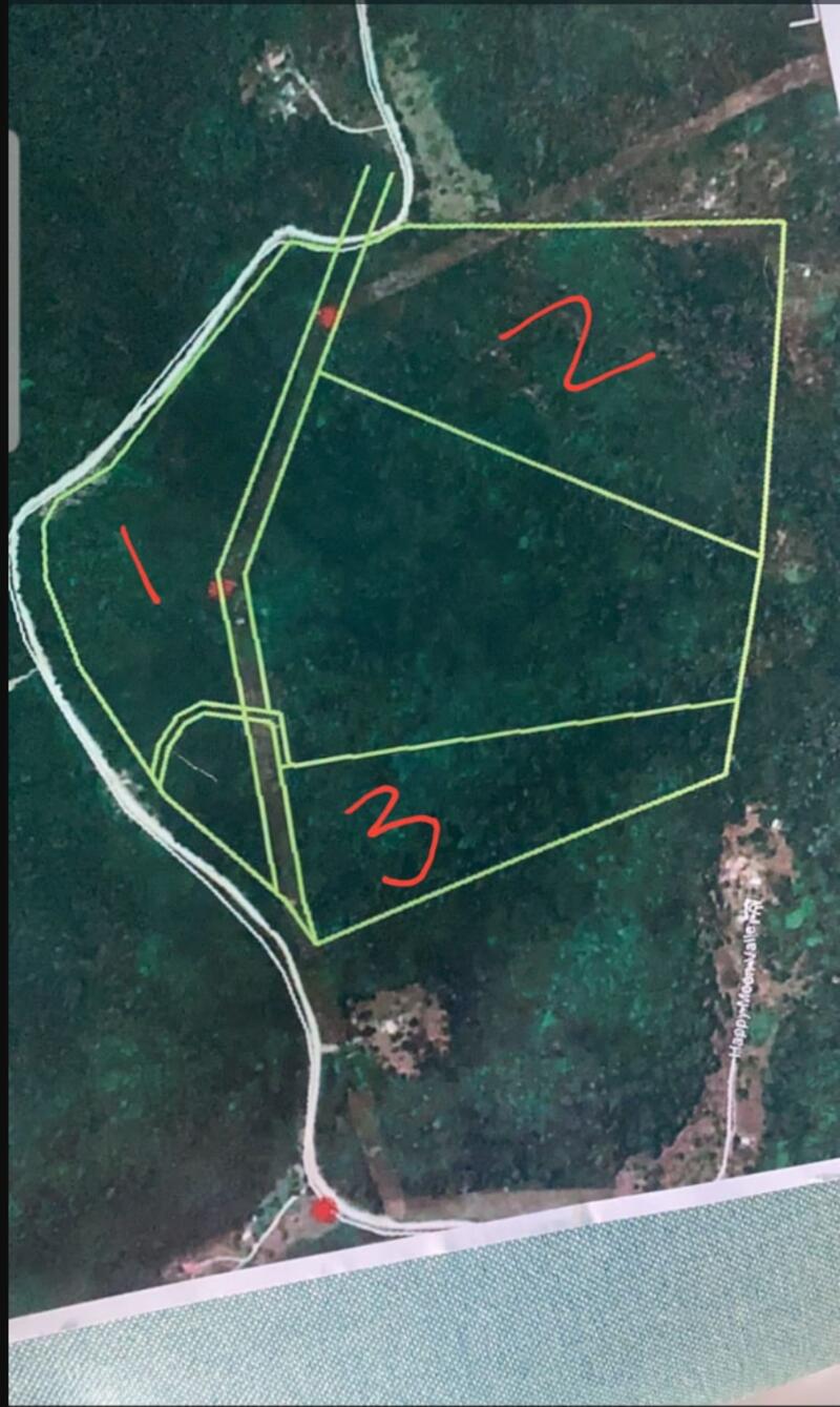 Drone aerial view and survey plan of the 90-acre land for sale in Cayo, Belize